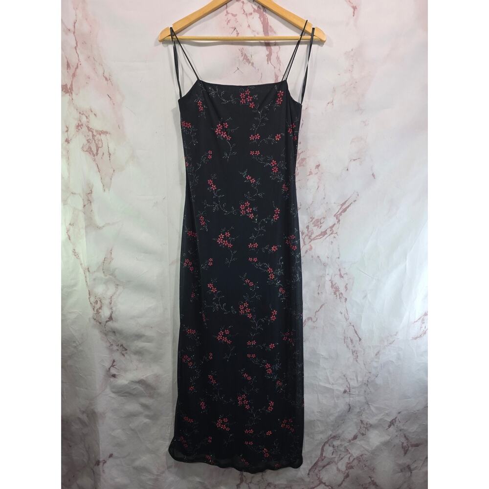 Vintage Dress Womens Small 90s Y2K Black Red Whimsy Goth Gem Bling Midi Maxi